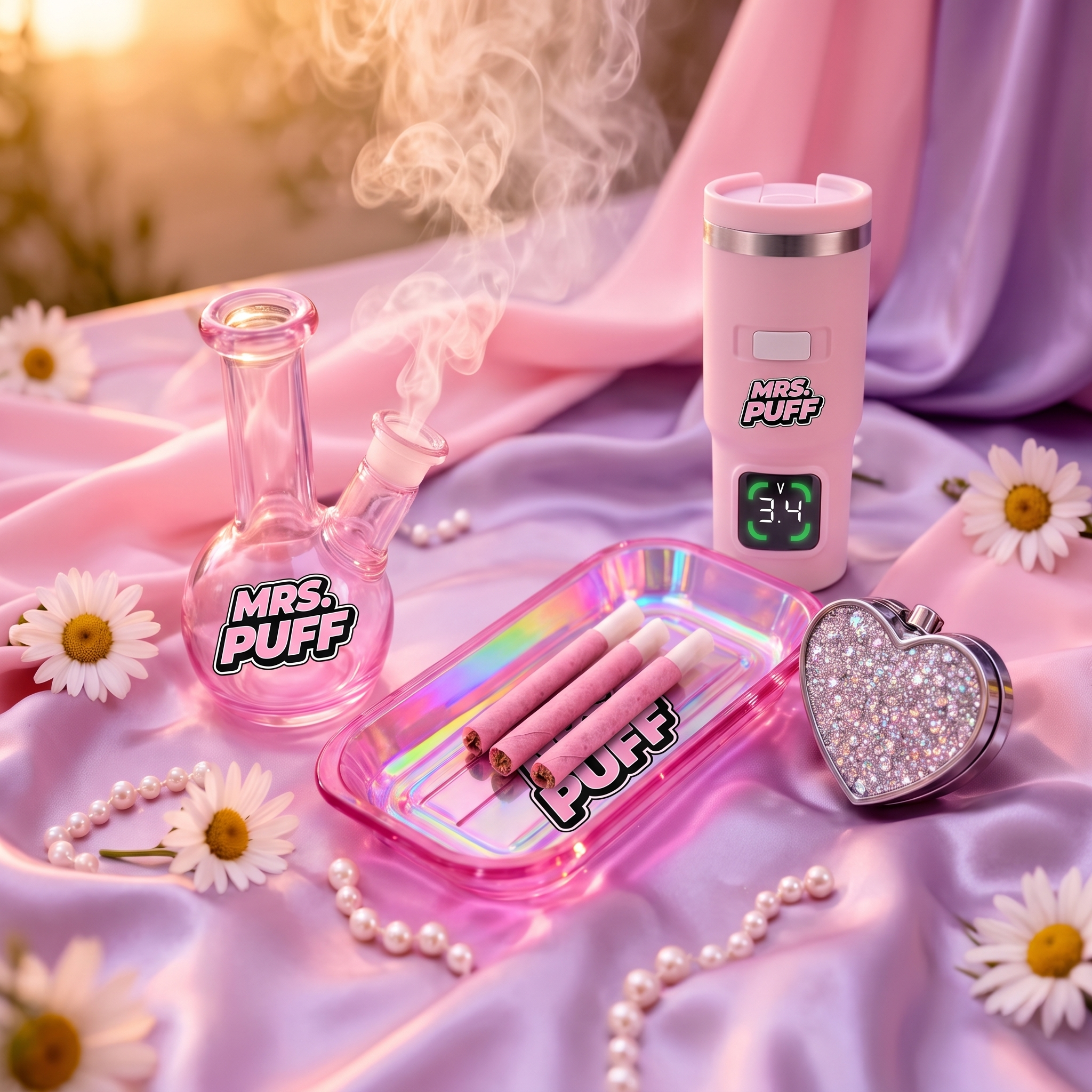 Pink iridescent bong, holographic rolling tray with pre-rolls, and a rhinestone heart-shaped grinder on silk